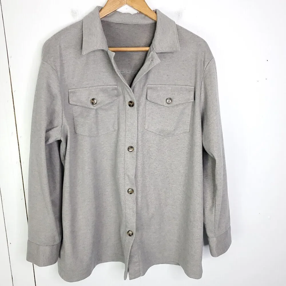 Womens Shacket L Gray Button Front Casual Oversized Fit Collar Weekend